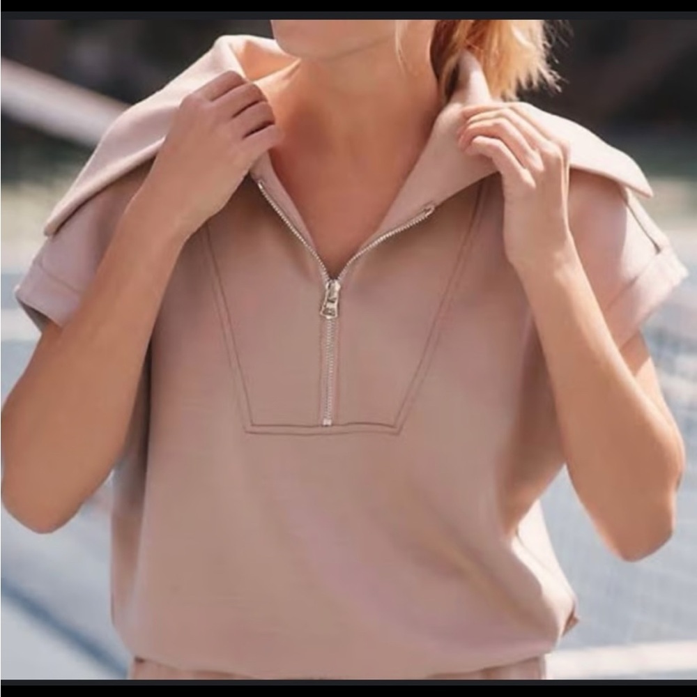 Bailey 44 Womens Tan Beige Half Zip Sailor Collar Cap Sleeve Pullover Top Size M